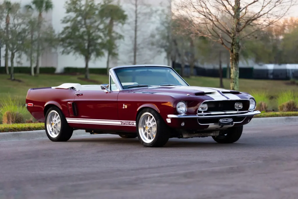 Distinctive external appearance of a burgundy 1968 Shelby GT500KR Convertible.